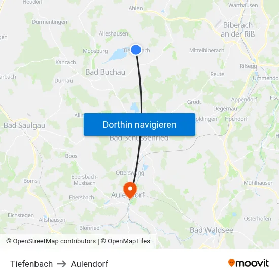 Tiefenbach to Aulendorf map