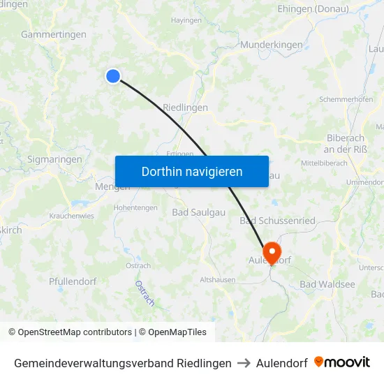 Gemeindeverwaltungsverband Riedlingen to Aulendorf map