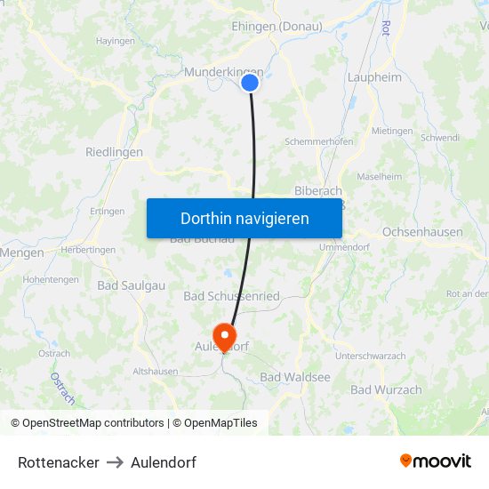 Rottenacker to Aulendorf map