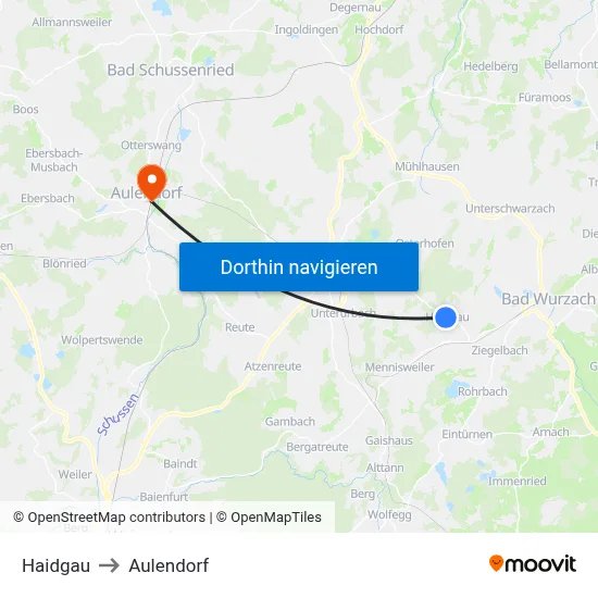 Haidgau to Aulendorf map