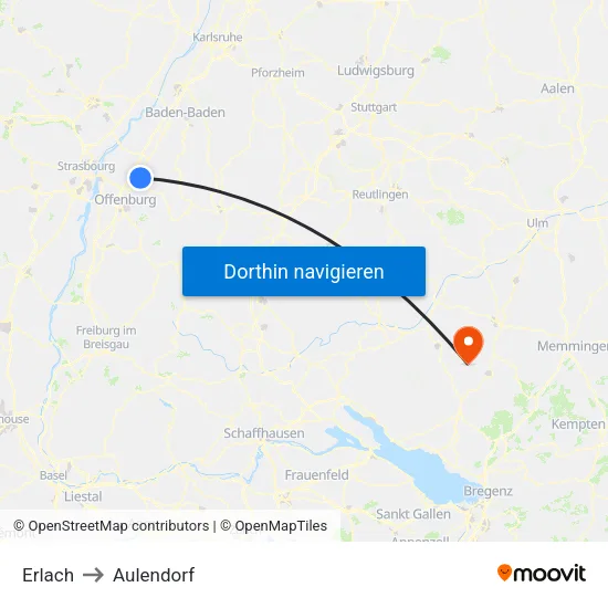 Erlach to Aulendorf map