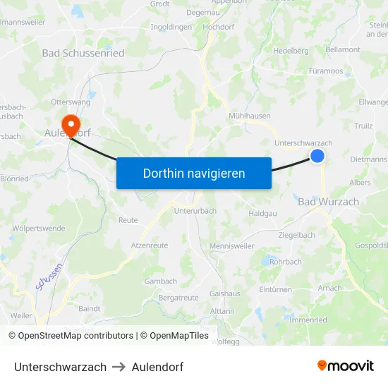 Unterschwarzach to Aulendorf map