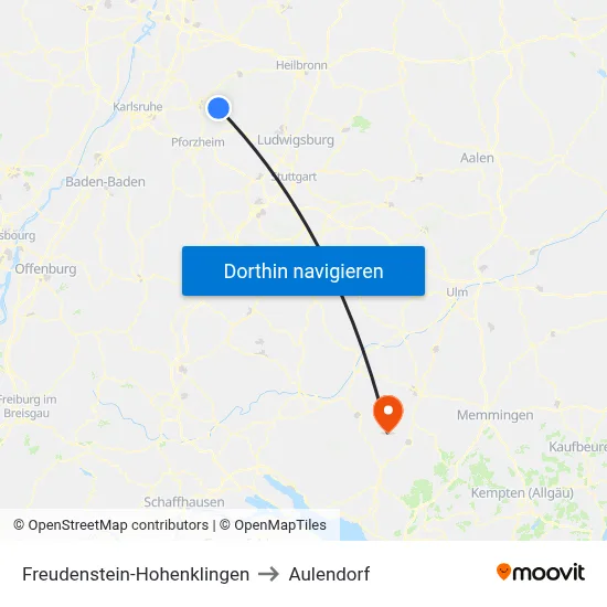 Freudenstein-Hohenklingen to Aulendorf map