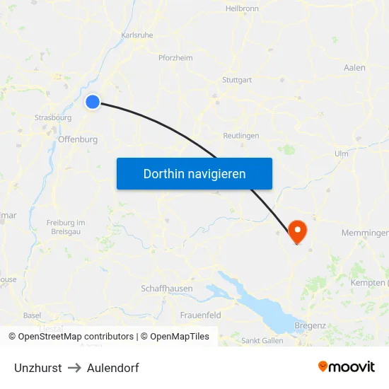 Unzhurst to Aulendorf map