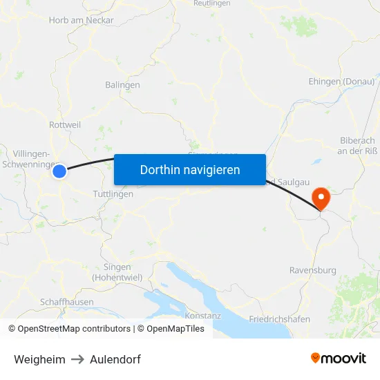 Weigheim to Aulendorf map