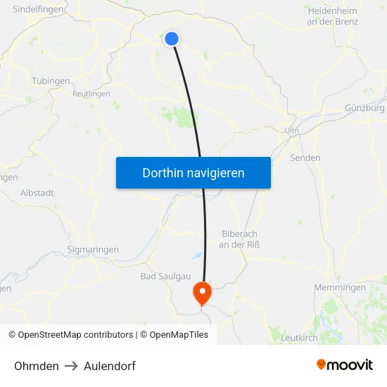 Ohmden to Aulendorf map