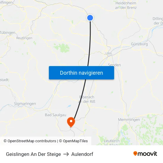 Geislingen An Der Steige to Aulendorf map