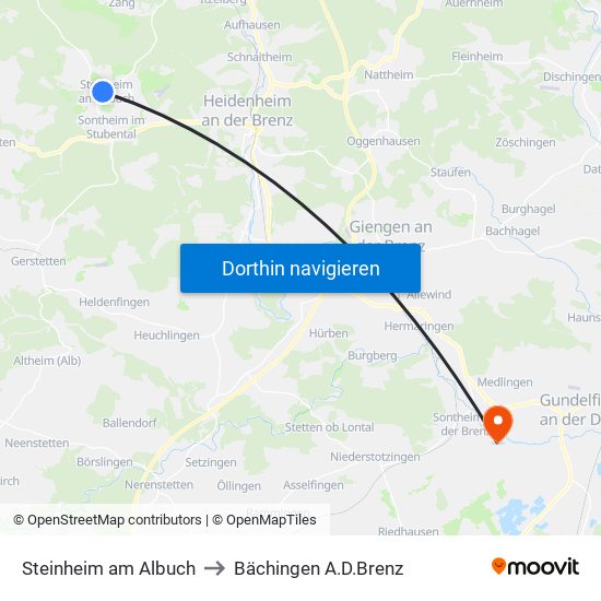 Steinheim am Albuch to Bächingen A.D.Brenz map