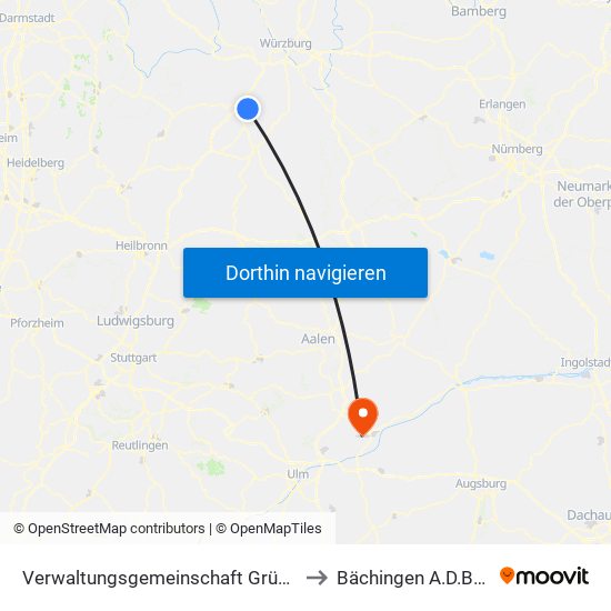 Verwaltungsgemeinschaft Grünsfeld to Bächingen A.D.Brenz map