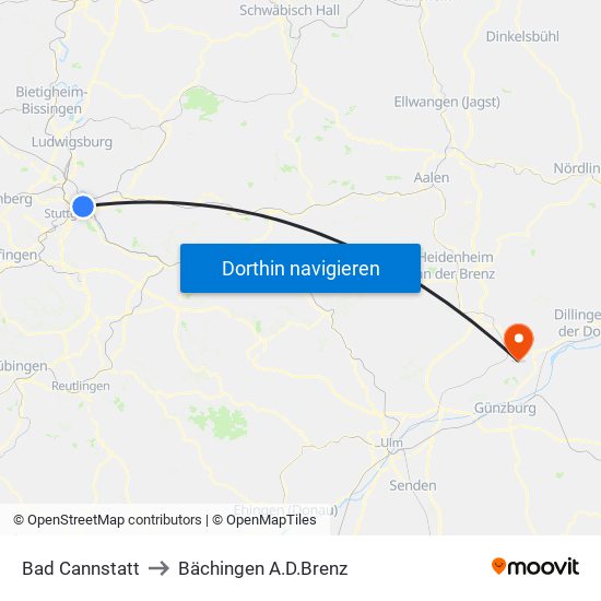 Bad Cannstatt to Bächingen A.D.Brenz map