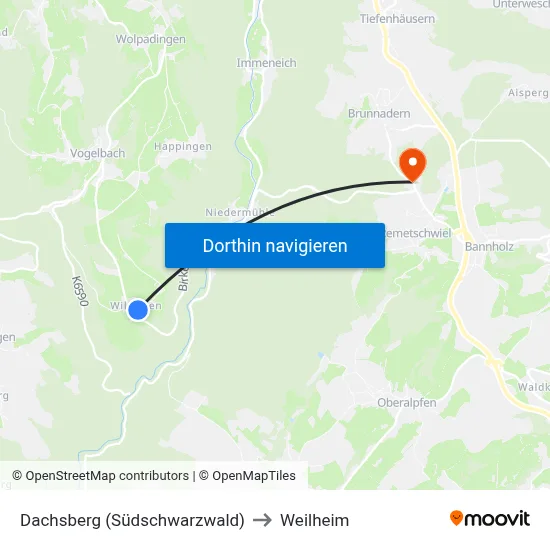 Dachsberg (Südschwarzwald) to Weilheim map