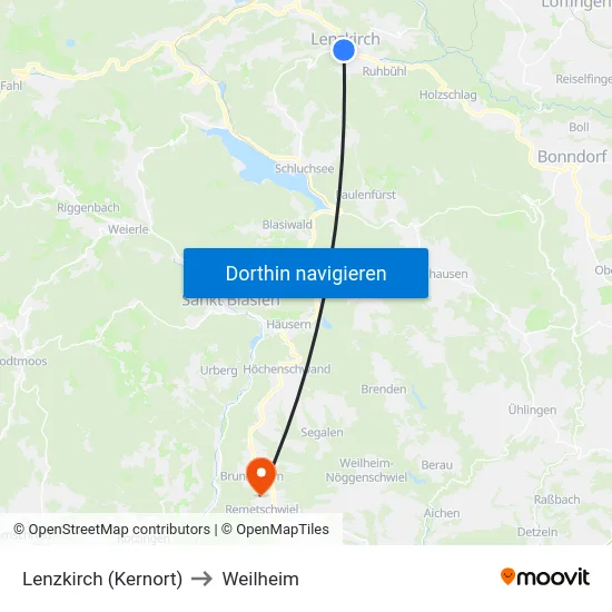 Lenzkirch (Kernort) to Weilheim map