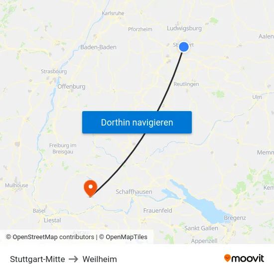 Stuttgart-Mitte to Weilheim map