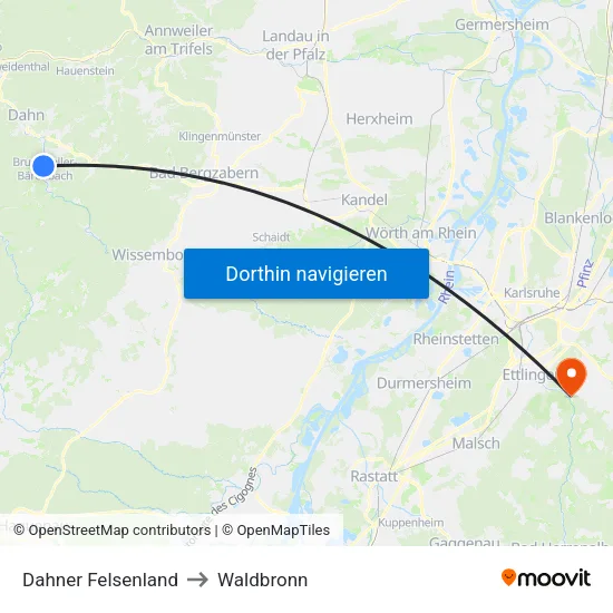Dahner Felsenland to Waldbronn map