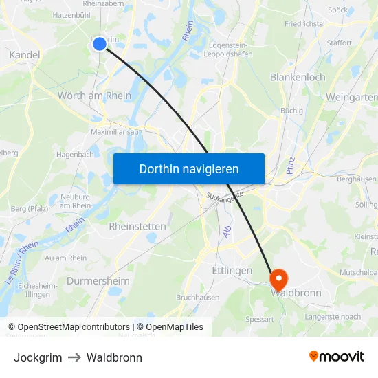 Jockgrim to Waldbronn map