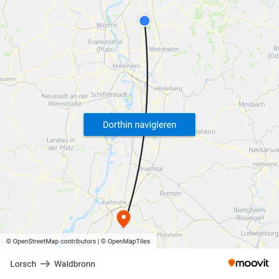 Lorsch to Waldbronn map