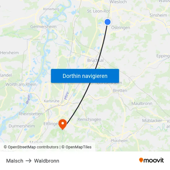 Malsch to Waldbronn map