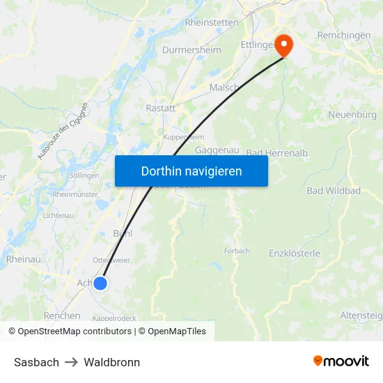 Sasbach to Waldbronn map