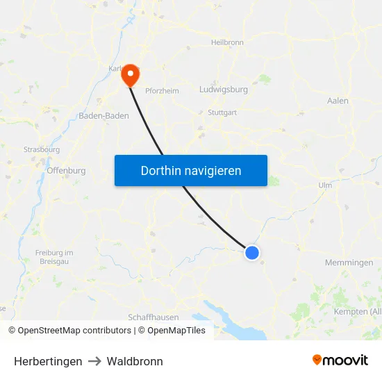 Herbertingen to Waldbronn map