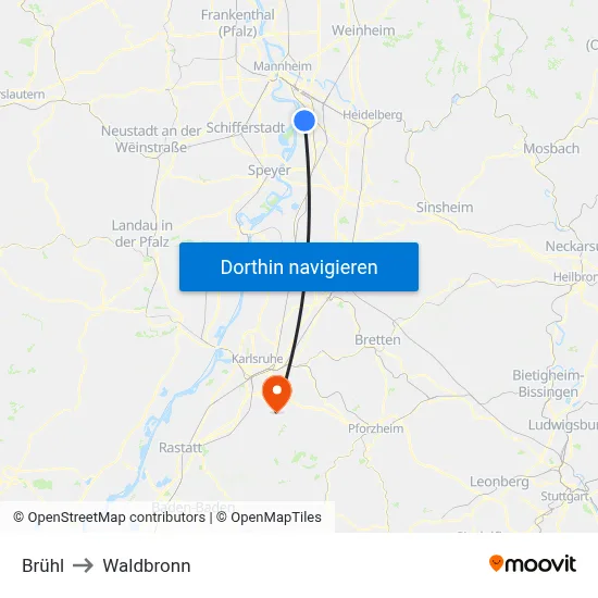 Brühl to Waldbronn map