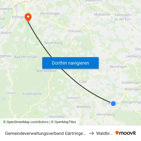Gemeindeverwaltungsverband Gärtringen/Ehningen to Waldbronn map