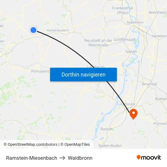 Ramstein-Miesenbach to Waldbronn map