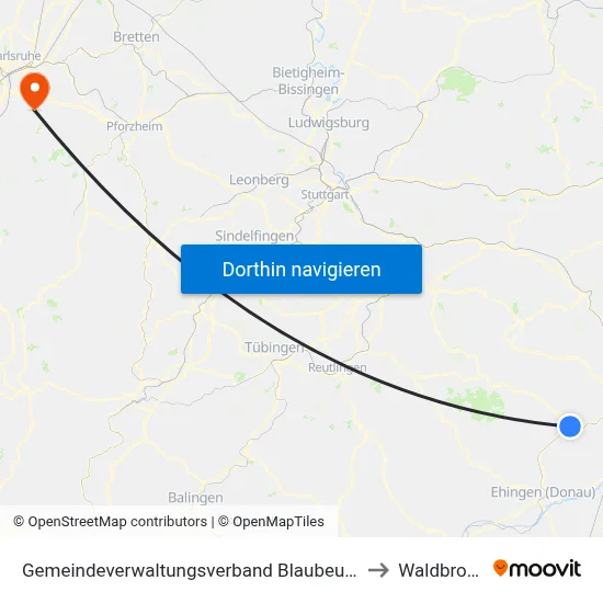 Gemeindeverwaltungsverband Blaubeuren to Waldbronn map