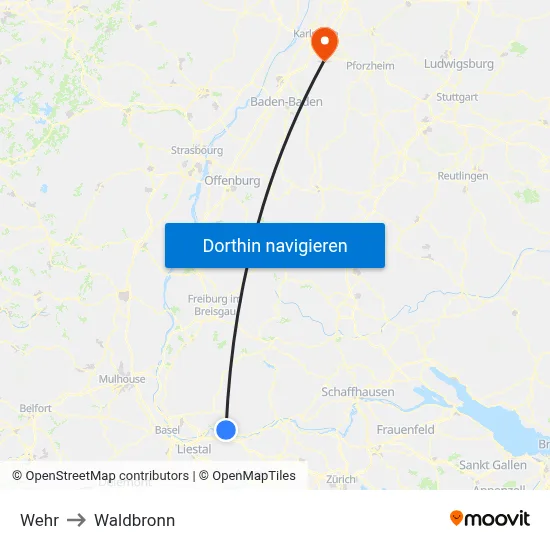 Wehr to Waldbronn map