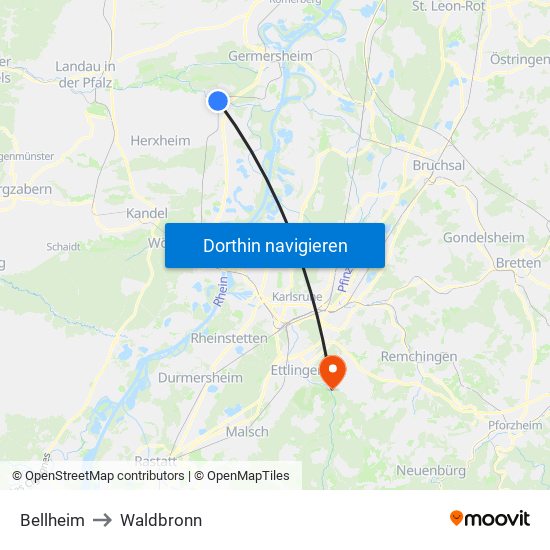 Bellheim to Waldbronn map