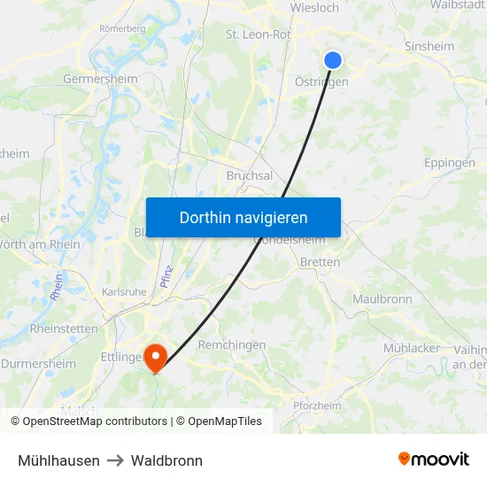 Mühlhausen to Waldbronn map