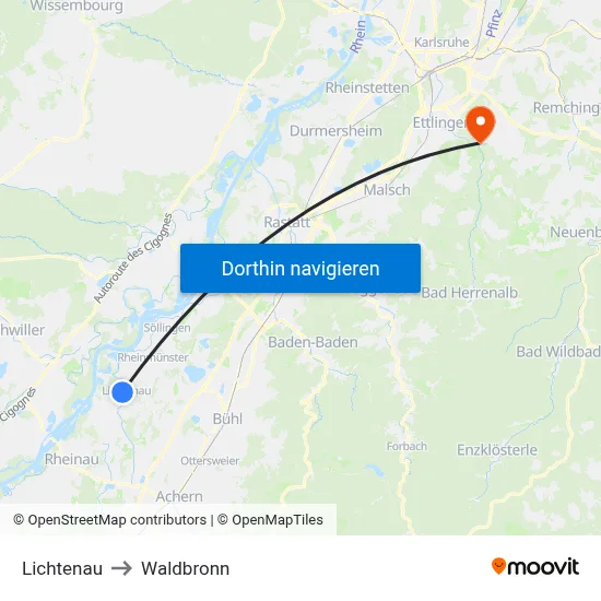 Lichtenau to Waldbronn map