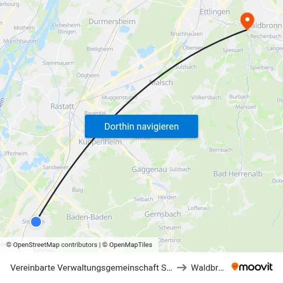 Vereinbarte Verwaltungsgemeinschaft Sinzheim to Waldbronn map