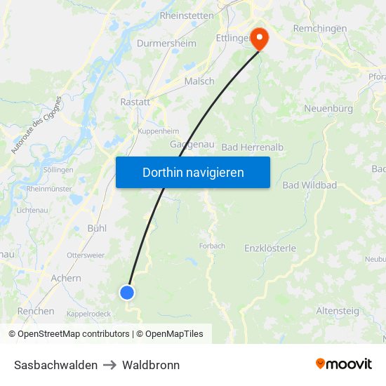 Sasbachwalden to Waldbronn map