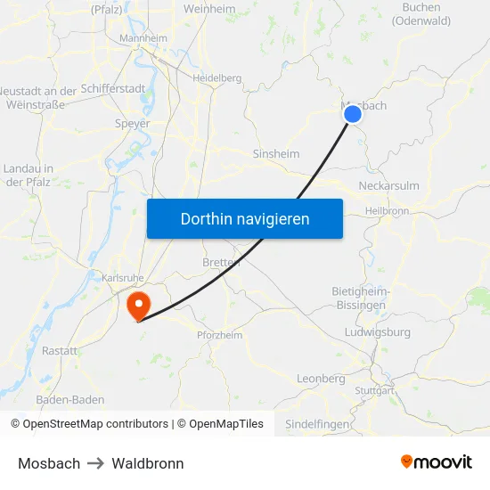 Mosbach to Waldbronn map