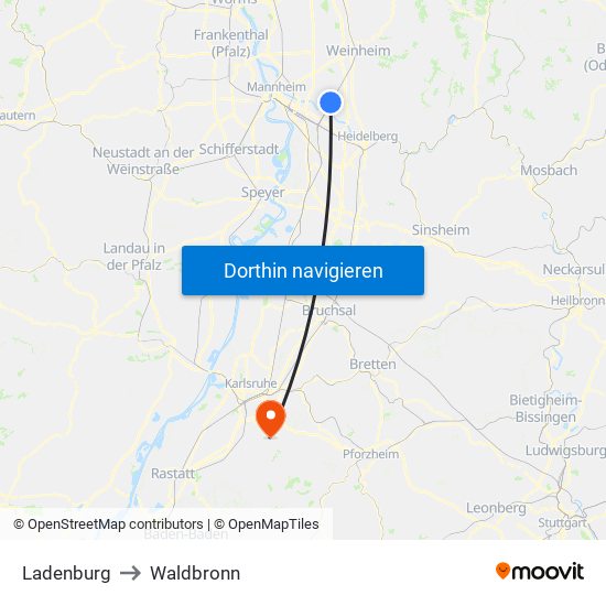 Ladenburg to Waldbronn map