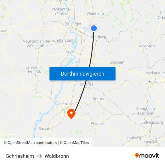 Schriesheim to Waldbronn map