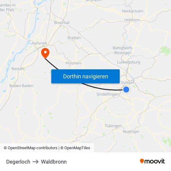 Degerloch to Waldbronn map