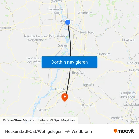 Neckarstadt-Ost/Wohlgelegen to Waldbronn map