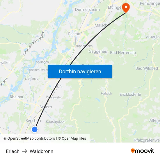 Erlach to Waldbronn map