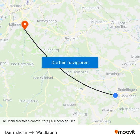 Darmsheim to Waldbronn map