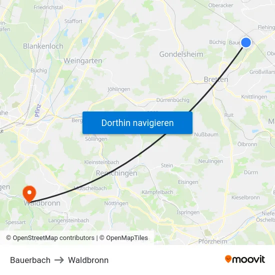 Bauerbach to Waldbronn map