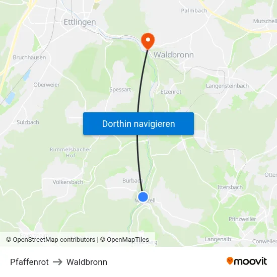 Pfaffenrot to Waldbronn map
