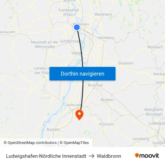 Ludwigshafen-Nördliche Innenstadt to Waldbronn map