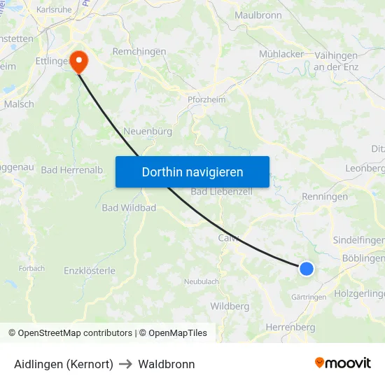 Aidlingen (Kernort) to Waldbronn map