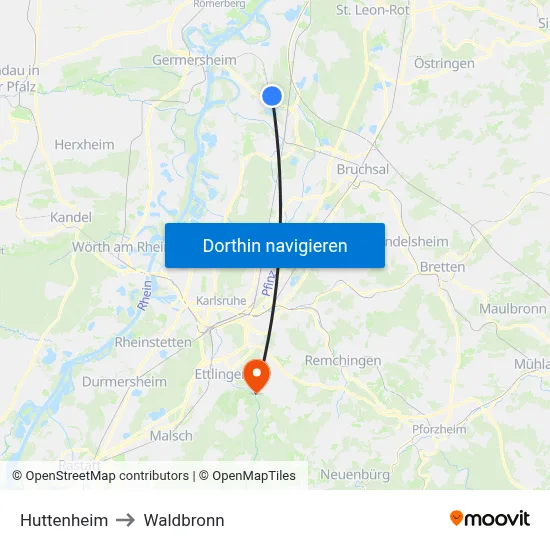 Huttenheim to Waldbronn map