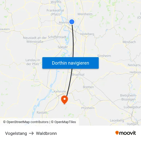 Vogelstang to Waldbronn map