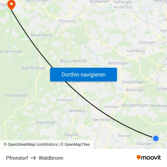 Pfrondorf to Waldbronn map