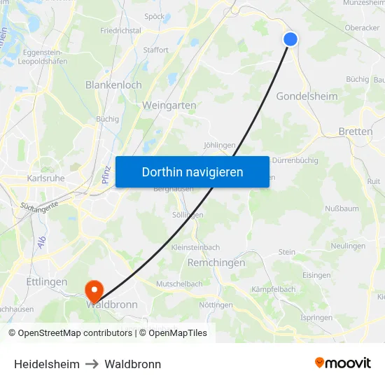 Heidelsheim to Waldbronn map