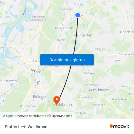 Staffort to Waldbronn map