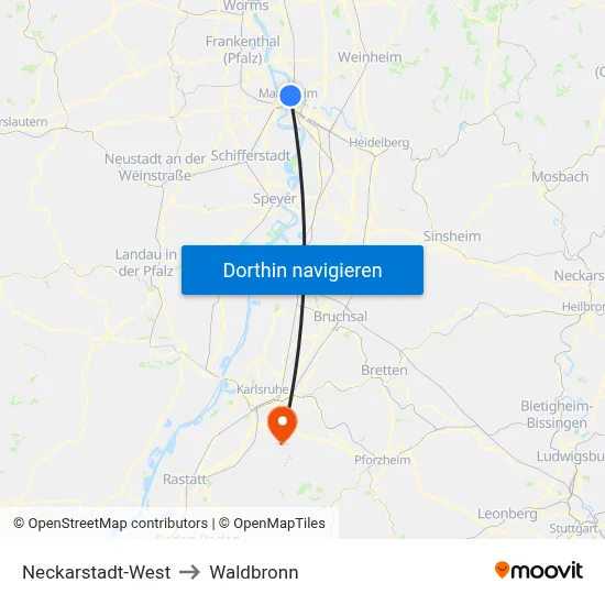 Neckarstadt-West to Waldbronn map